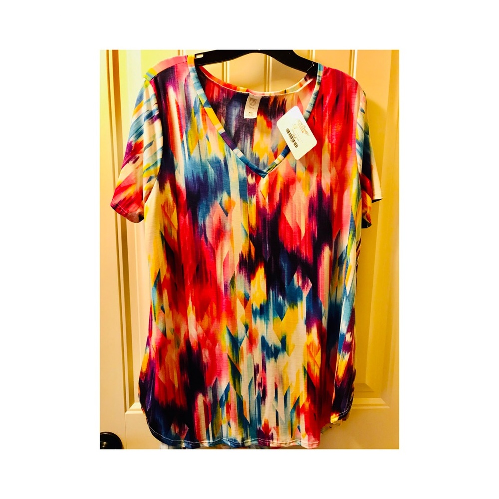 Bright Multicolor V-Neck Top | Lightweight Summer Tee | Size 2X